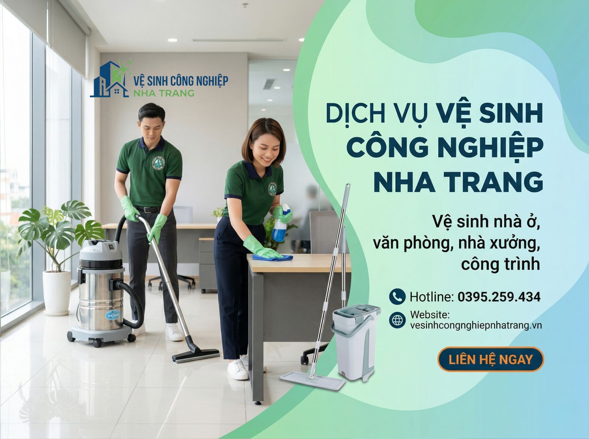 Banner mobile dịch vụ vệ sinh công nghiệp Nha Trang nổi bật, hỗ trợ làm sạch nhà ở, văn phòng, nhà xưởng và công trình nhanh chóng, hiệu quả.