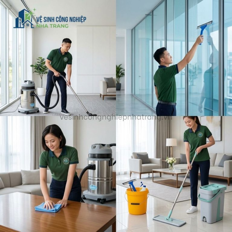 Giới thiệu đội ngũ Vệ sinh công nghiệp Nha Trang chuyên cung cấp dịch vụ vệ sinh công nghiệp, vệ sinh nhà ở, căn hộ và giặt sofa giặt nệm tại nhà.
