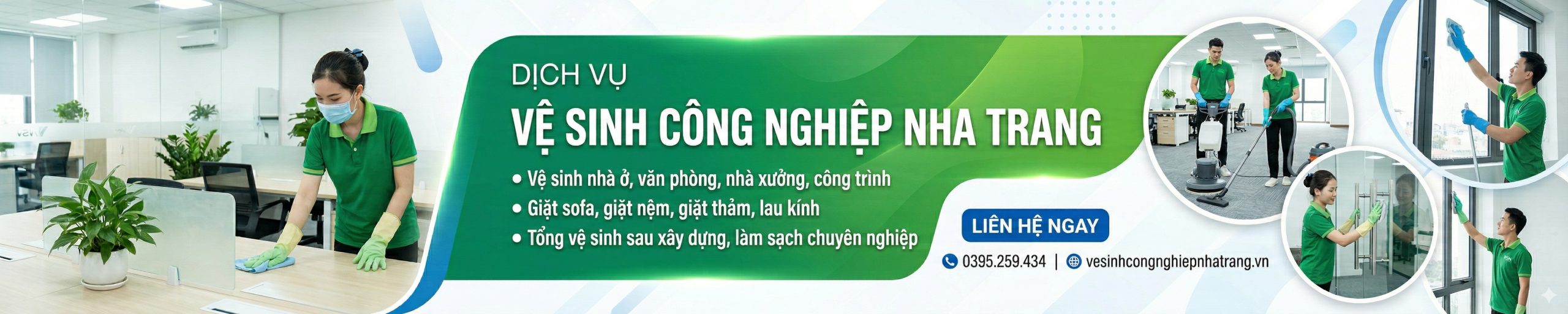Banner dịch vụ vệ sinh công nghiệp Nha Trang chuyên nghiệp cho nhà ở, văn phòng, nhà xưởng.