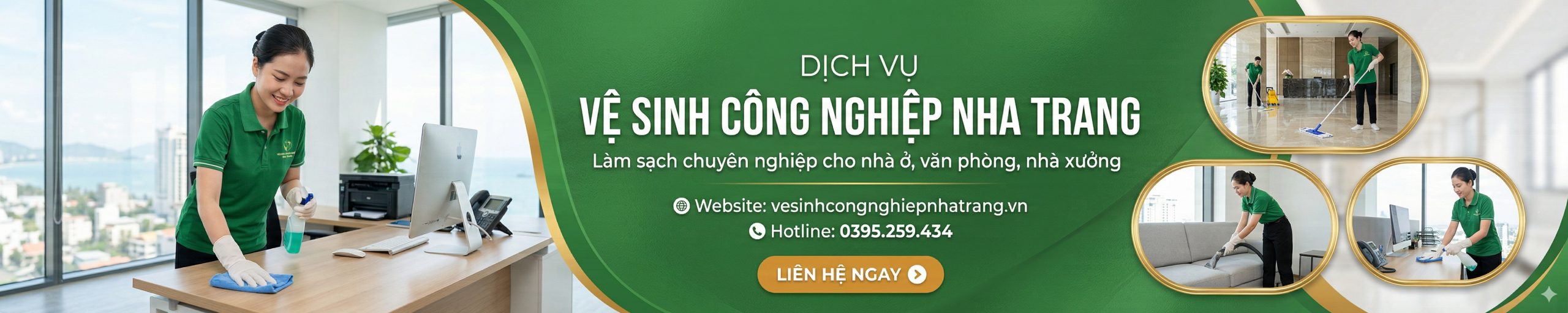 Banner website vệ sinh công nghiệp Nha Trang với nhân viên vệ sinh chuyên nghiệp, dịch vụ làm sạch cho nhà ở, văn phòng, nhà xưởng.